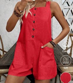 EMERY ROSE Women's Solid Color Casual Vacation Style Jumpsuit With Single Button Closure,