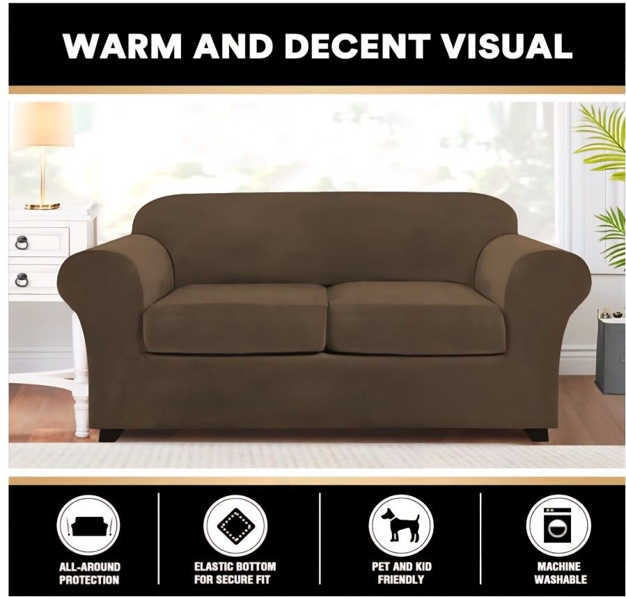 PrinceDeco 2-seater sofa velvet case, 3-piece sofa covers for dogs, washable covers for two-seater sofa up to 72 inches, non-slip elastic case for sof