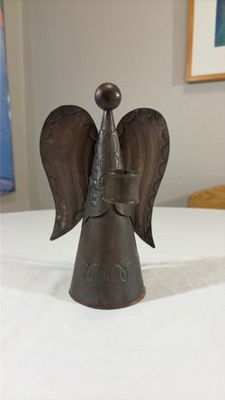 Vintage Pier 1 Punched Tin Angel Candle Holder - Rustic Holiday