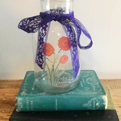 Upcycled Glass Jar with Floral Design, Cork and Vintage Lace  