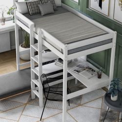 Twin Size Loft Bed with Desk, Storage Shelves and Ladder And Convertible Lower Bed