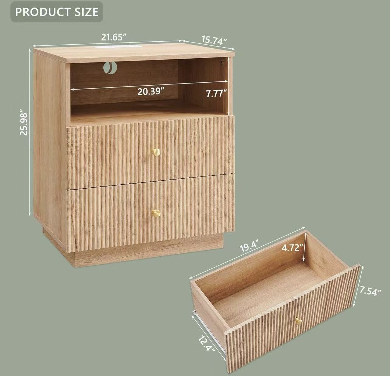 ✌️ Fluted Night Stand with Charging Station, 21.65" Nightstand with Drawer/Open Shelves, 2 Drawer Dresser for Bedroom, Morden End Table Bedside Table 