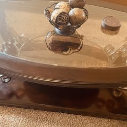 Sectional Sofa With Ornate Dark Wood Trim With 2-piece Laney Dark Merlot Glass Top Coffee And End Table Set $350/OBO