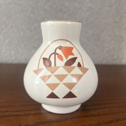 Vintage Tiny Ceramic  Vase With Flower And Geometric Basket Design ~Earthy Tones