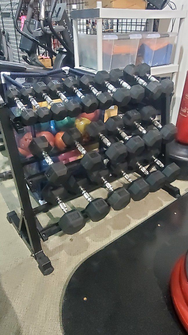 5-50 Dumbell Set With Rack Rubberized Hex 