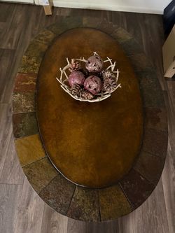 Oval Coffee Table with Slate Tile Border