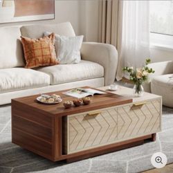 XK00651) Extendable Coffee Table, Center Table Cocktail Table with 2 Storage Drawers