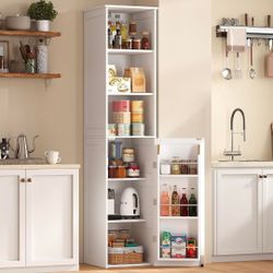 Narrow Kitchen Pantry Storage Cabinet, Slim Storage Cabinet with Adjustable Shelves and Open Shelves