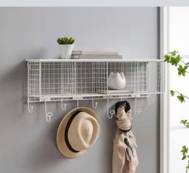 Decorah White Metal 4-Cubby Wall Shelf with 9 Hooks.   Linon home decor Model # THD03617   L-5549