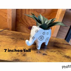 White Ceramic Elephant Planter with Faux Succulent
