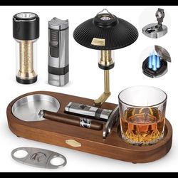 Cigar Ashtray, Whiskey Glass Tray and Wooden Ash Tray, with Torch Lighter