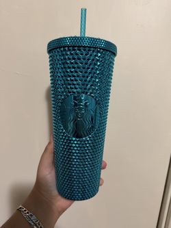 Starbucks Metallic Chrome Teal Blue Studded Cold Cup Tumbler