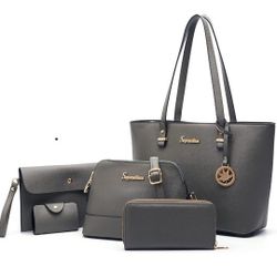 New Dark Grey Handbag for Women Wallet Tote Bag Shoulder Bags Top Handle Satchel 5pcs Purse Set
