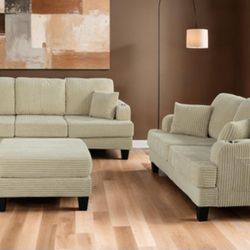 Brand New Beige Corduroy 3pc Sofa Set
