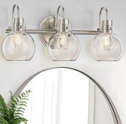Brushed Nickel Light Fixture. 3 Clear Beaded Glass Shades. 23" Long