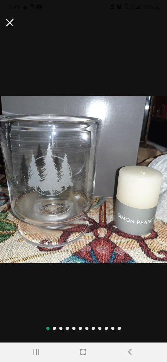 Simon Pearce Medium Size Hurricane Candle Holder 'Christmas Pine Trees', w/Candle. New Unused, Inbox.