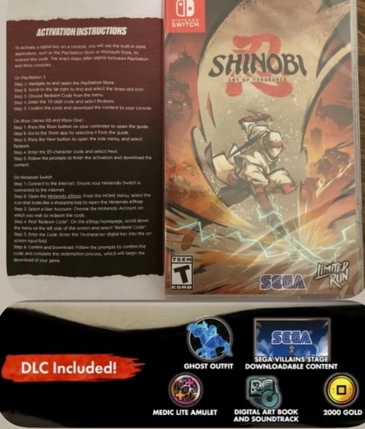 NINTENDO SWITCH SHINOBI 2ART OF VENGEANCE Game US + Extra Content Stage Outfit X