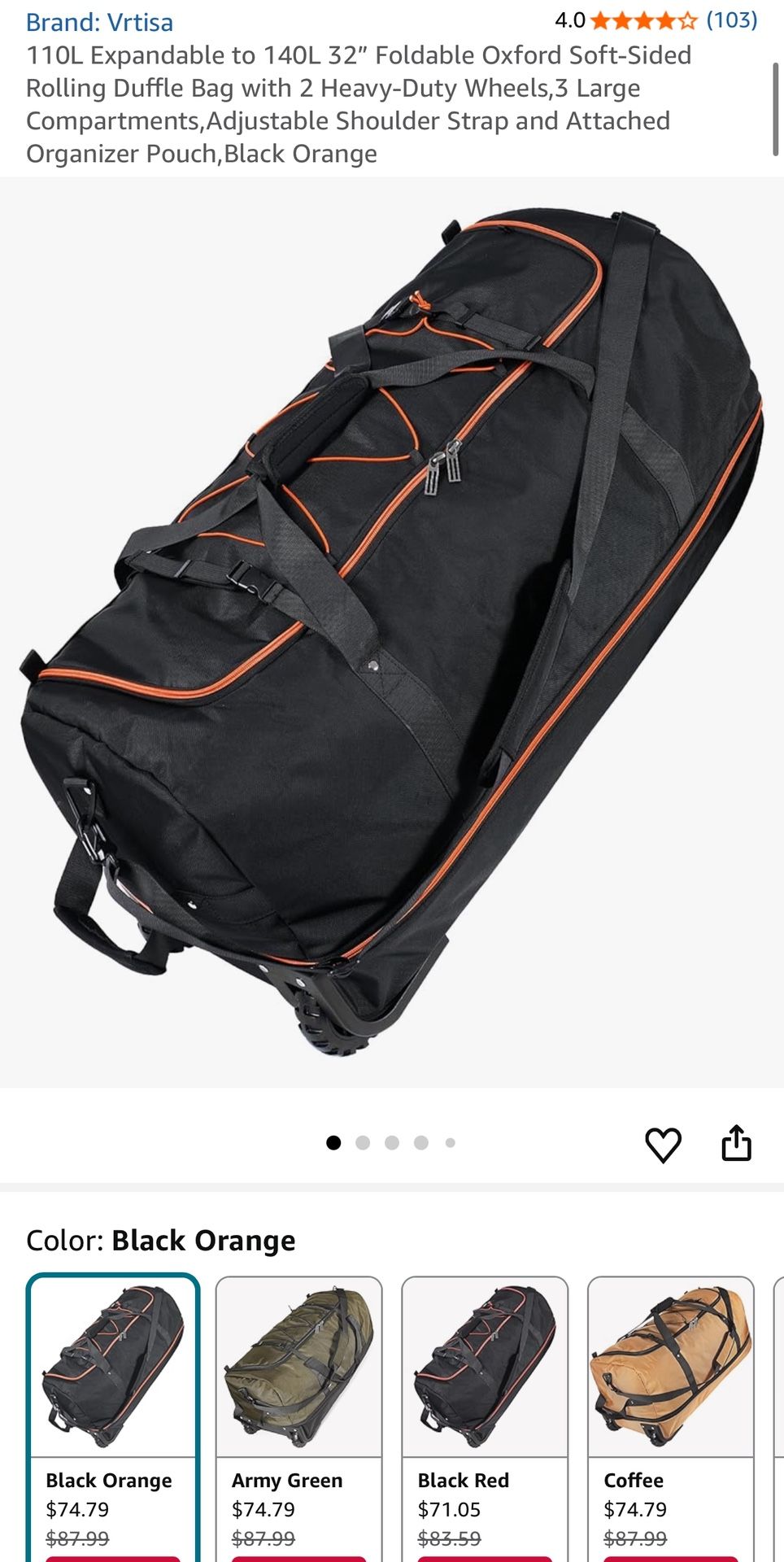 110L Expandable to 140L 32” Foldable Oxford Soft-Sided Rolling Duffle Bag with 2 Heavy-Duty Wheels,3 Large Compartments,Adjustable Shoulder Strap and 