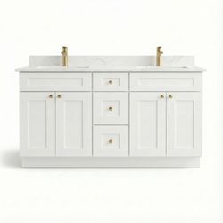 Modern White 60” Double Sink Vanity with Quartz – Local Pickup