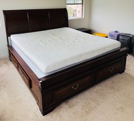 California King sleigh bed frame with storage drawers + mattress