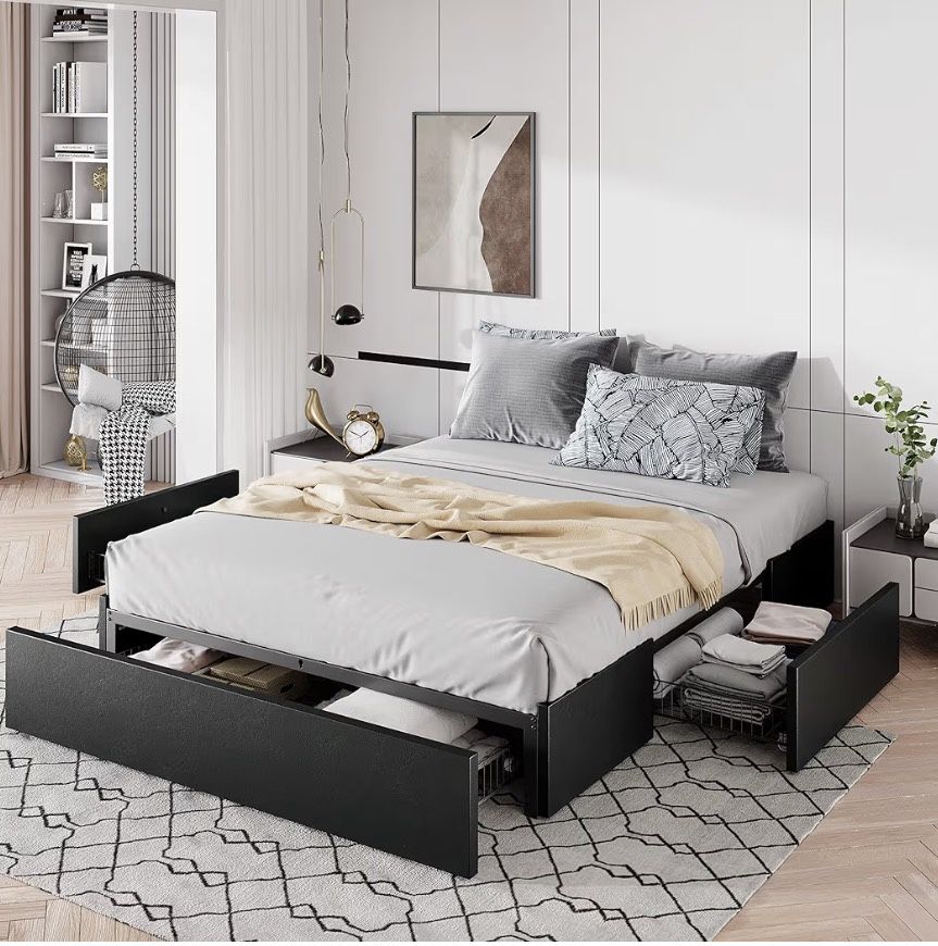Queen Platform Bed Frame with Storage Drawers – Black Leather Look