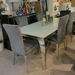 Glass Top Table + 6 Gray Side Chair Chrome Legs