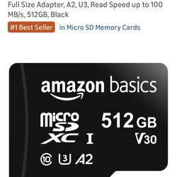Amazon Basics Micro SDXC Memory Card 512GB A2 U3 Full HD 100MB/s Adapter