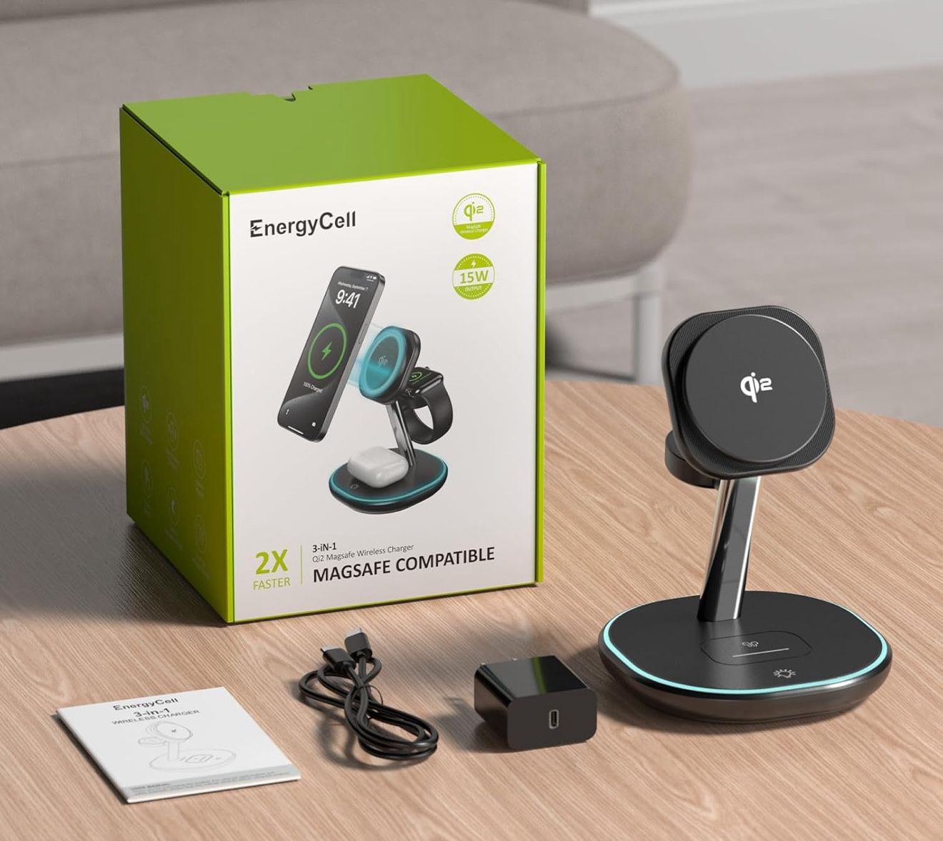 Certified 15W Fast Wireless Charger for iPhone 16/15/15 Pro/14/13/12 Apple Watch AirPods with Sleep Friendly Light