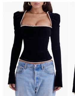 House of CB Noa Puff Shoulder Velvet Top Size XS