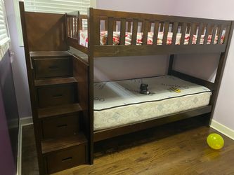 Wood bunk bed with mattresses