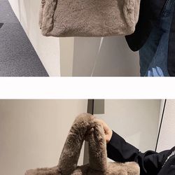 Brown Faux Fur Tote Bag for Women with Magnetic Closure and Gold Hardware