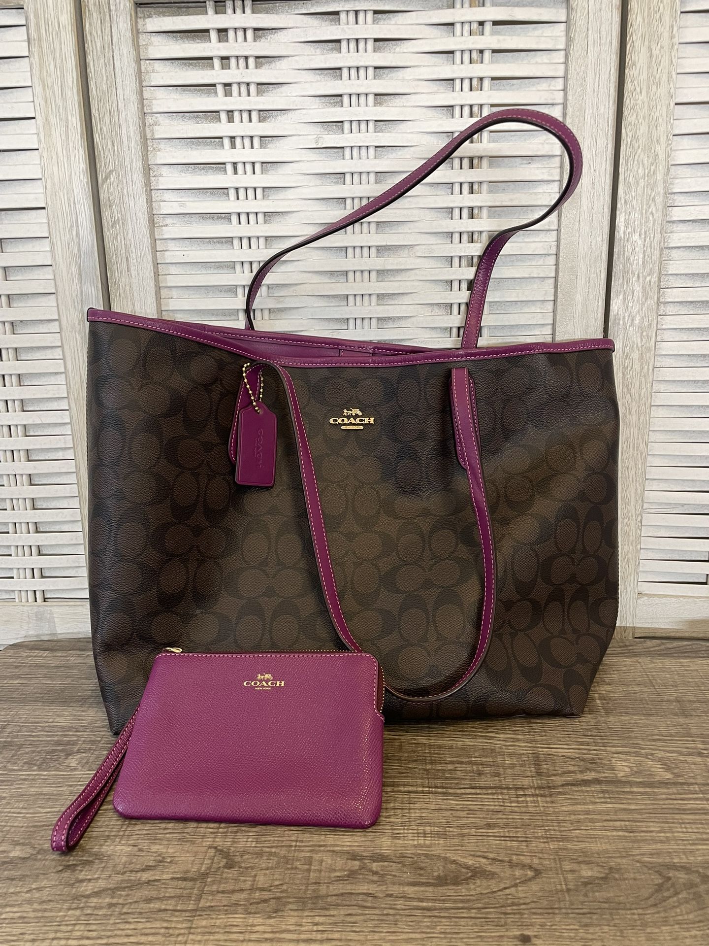 Coach Tote bag and Matching Wristlet Purple brown