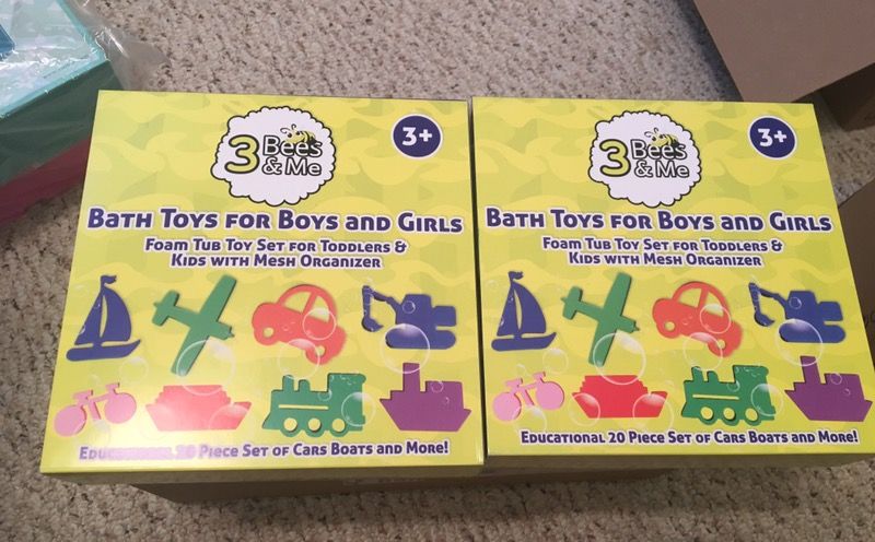 2 of 3 Bees & Me Bath Toys and Bath Organizer Set - 20 Foam Toys for Boys & Girls plus Storage Net Sells for $14.95 on Amazon.
