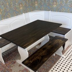 Padstow 5 Person Dining Nook with Storage in Benches Real Pine Wood Custom Stained Walnut Color