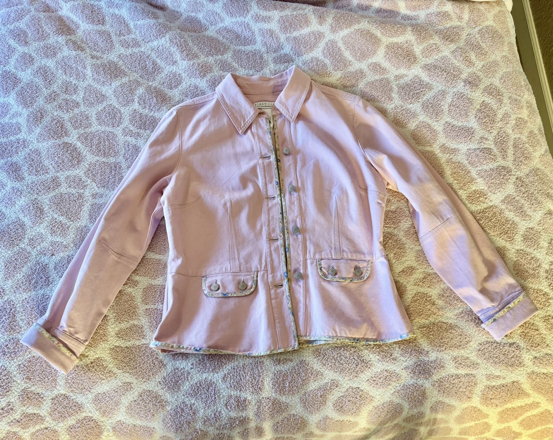 Liz Claiborne Pink Denim Jacket Ivory Trim Women's Large Ex. Cond