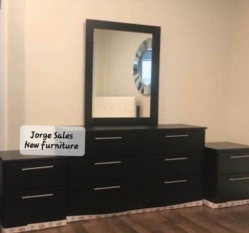 New Black Dresser With Mirror And 2 Nightstands With Silver Handles