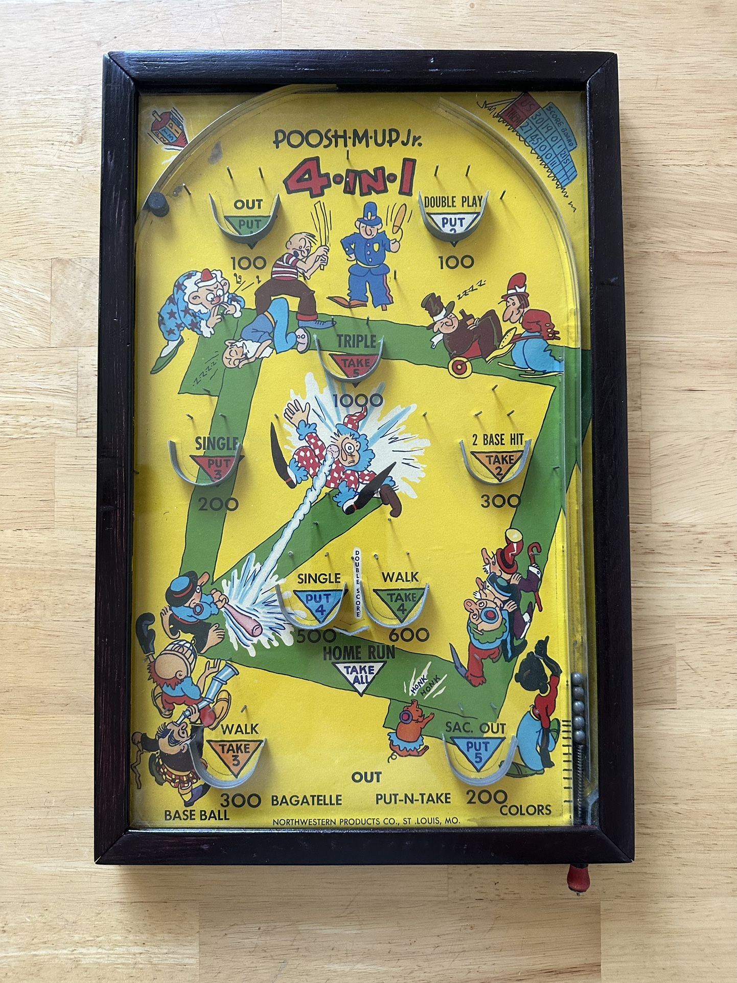 Rare 1940s Vintage “Poosh-M-Up Jr. 4-in-1” Baseball Bagatelle Game – Excellent Graphics – Northwestern Products Co.