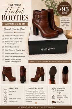 NEW Nine West Brown Leather Ankle Boots Size 9M - In Box