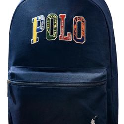 Polo Ralph Lauren Unisex Backpack Colorful Patch Letter Logo Zip Pocket Navy NWT