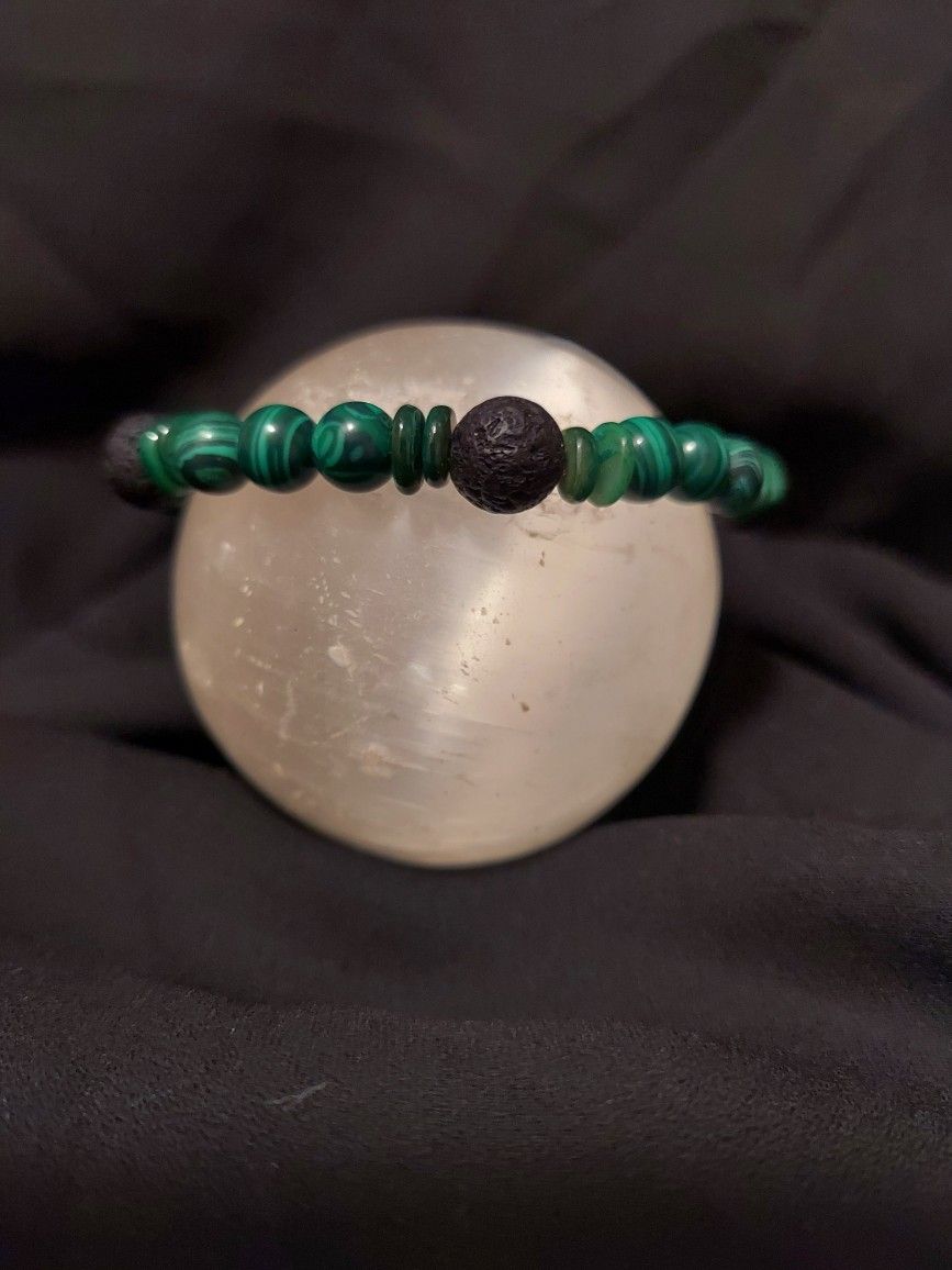 Malachite. Black Lava Rock Green Coral Crystal Bracelet