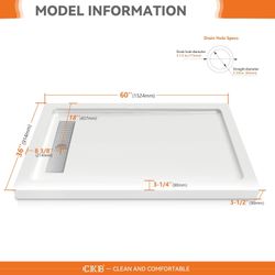 60" x 36" Shower Base, Left or Right Drain, Removable Aluminum Flange (Zero/Single/Dual Threshold), Pre-Sloped Design, Fiberglass Shower Pan, 304 Stai