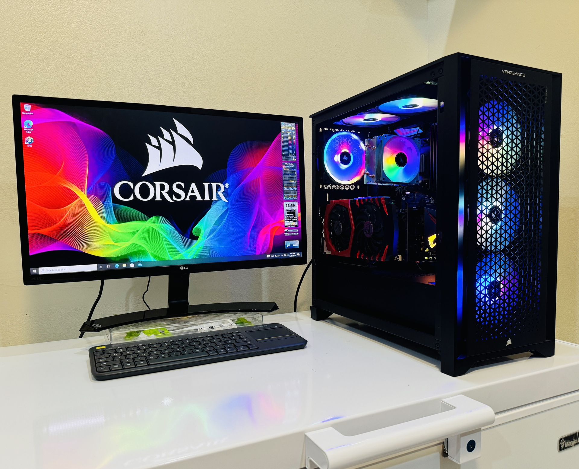 NEW CORSAIR Gaming PC 16 Core RYZEN 7 @3,2G. GPU RX480 8G. 512G M2 NVme/2T HDD, 16G DDR4, USB3, WIFI, Bluetooth. 750W PSU, 24”Monit. Keyb/Mou. Win11P