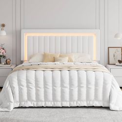 Queen Size Velvet Bed Frame with LED Light, Adjustable Vertical Channel Tufted Headboard, Strong Wooden Slats Support, Noise-Free, No Box Spring Neede