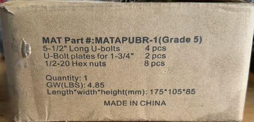 Trailer U Bolt Kit- U Bolt Kit for 3,500 lb Trailer Axle, 5.5” U-Bolts, 2-3/8" Round Axle, 1/2” Diameter