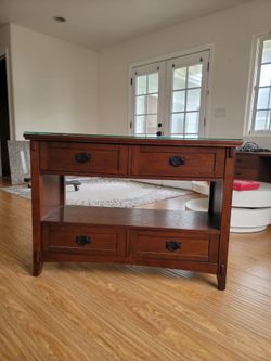 Matching Wood Console Tables with Glass Tops – 2 Available