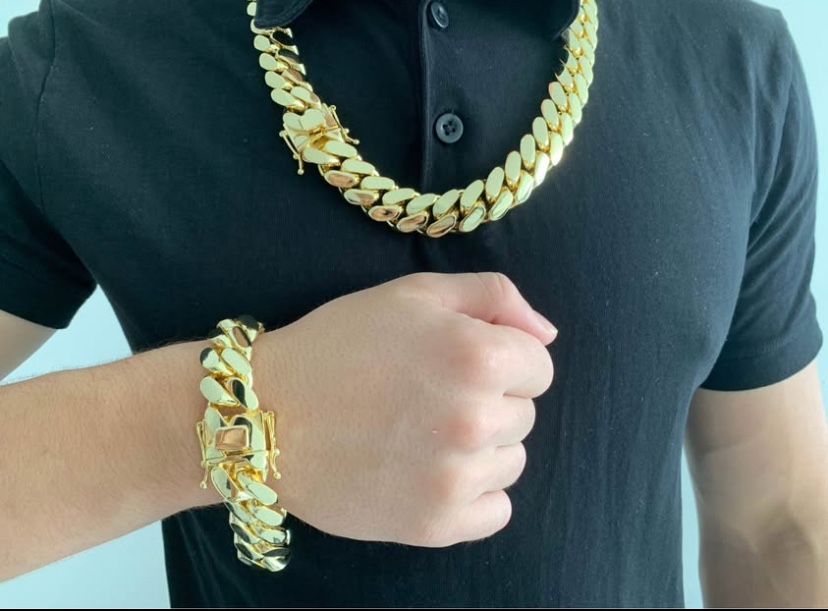 14k & 18k Set Miami Cuban Link Gold Plated 20mm Heavy Chain & Bracelet Set