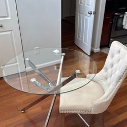 Brand New Small 36inch Glass Dining Table W/ 4 Modern Beige Chairs W/ Silver Pendant Design & Silver Legs