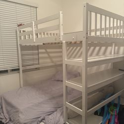 Queen size loft bed with desk and shelves