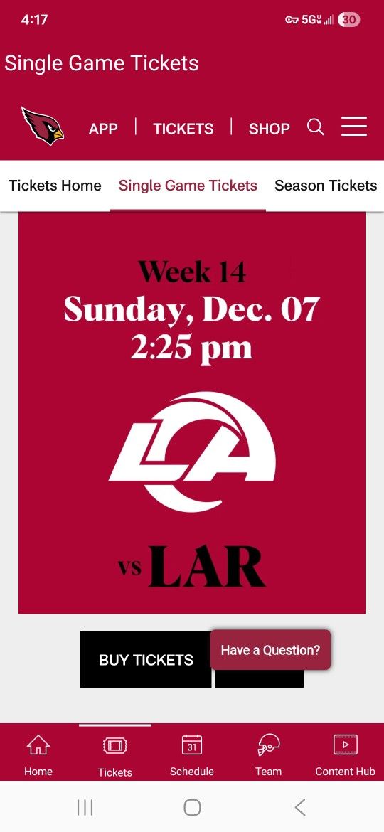 Cardinals vs Rams Sunday December 7th Section 126 Row 14 Seats 5 & 6