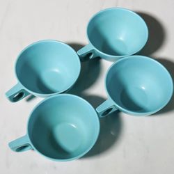Vintage Melmac Melamine Dinnerware Coffee Tea Cups Aqua Turquoise Blue Set Of 4